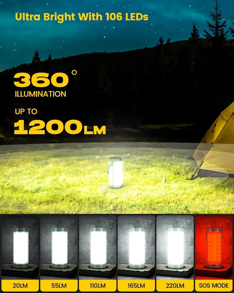 Glocusent 106 LED Camping Lights, Up to 80Hrs, 5000mAh Camping Lantern Rechargeable with 5 Brightness 3 Modes & SOS, IP68 Waterproof, Max 1200LM, Lanterns for Power Outages Hiking Emergency Hurricane - Image 2